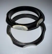 2 BLACK‎ HAWAIIAN CORAL & MOTHER of PEARL INLAY BANGLE BRACELET 8"