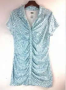 SO XL Wavy Checkerboard Ruched Front Button Down Tee Mini Dress in  Light Blue