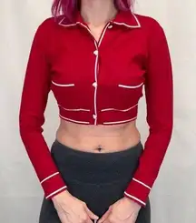 SHEIN Women's Long Sleeve Crop Cardigan Red White Heart Button Collar S SM Small