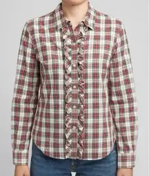 LL Bean Red Plaid Ruffle Front Long Sleeve Button Up Shirt Size MEDIUM