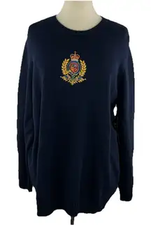 NOS LAUREN RALPH LAUREN Sz 1X  Navy Blue w/ Gold Crest Knit Crew Neck Sweater
