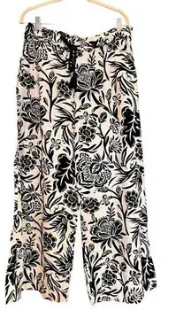 Knox Rose Size L Black & White Floral Wide Leg Pants Boho Vacation Cruise Summer