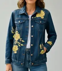 Lularoe Jean Jacket Women Medium Boho Gold Embroidery Flowers Dark Denim Pockets