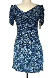 B.DARLIN Fit n Flare Dark Floral Dress 5/6 Blue Ruching Short Sleeve Short New