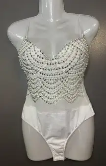 White Beaded Rhinestone Bodysuit Womens Medium Mesh Sheer Pearl Padded Party