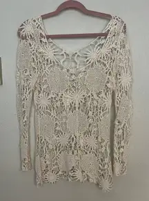 Chic Cream Crochet Long Sleeve Top Boho Summer Floral Western Coastal