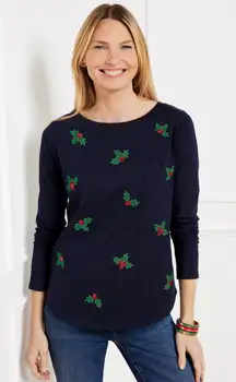 Talbots Embroidered Mistletoe Crewneck Tee Indigo Blue Size Medium Petite