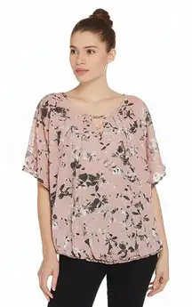 ADRIENNE VITTADINI Blouse Womens 2X Pink Floral Sheer Bubble Hem V-Neck‎ Chain