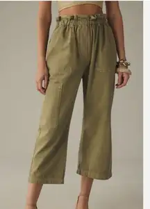 Anthropologie High Rise Paperbag Crop Pull On Cargo Wide Leg Green Pants Sz S