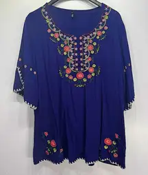 Ashir Aley Blue Embroidered Floral Boho Flowy Short Sleeve Top Size Large