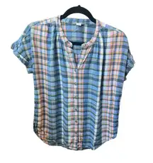 Petite Linen Blend Plaid Short Sleeve Blouse