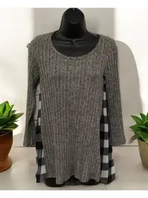 Moa Moa light Gray sweater Black White Buffalo plaid chiffon sides Tunic Size M
