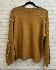 Blooming Jelly Oversized Brown Long Sleeve Sweater Pearl Beaded Women's Medium