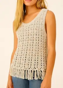 House of Harlow Wood Bead Beaded Fringe Hem Crochet Tank Top Tan XS