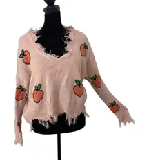 Just Polly Peaches Cropped‎ Fruit Sweater Size S Frayed Hem Kawaii Statement