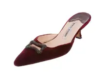 Manolo Blahnik Velvet Pointy Toe Crystal Kitten Heel Mules Red Women 38 / US 8