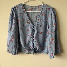 Alya Blue Floral Cropped Tie Front Button Up Top - Size Small