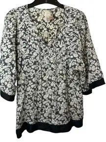 Da-Nang Black and White Floral 3/4 SS Cotton Silk Blend Blouse
