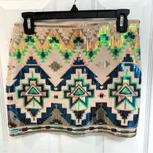Express Aztec Western Sequin Peach Multicolor Lined Mini Skirt Women’s Size XS