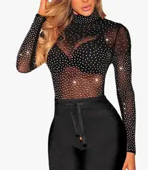 Black Mesh long sleeve rhinestone top