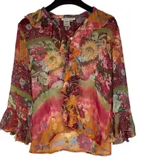 Coldwater Creek Womens Floral Silk Button Ruffled‎ Blouse Size Small Office
