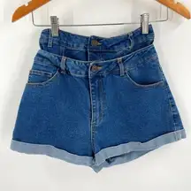 Mebon Machine Jeans Double Waist Jean Shorts High Waisted Stretch Blue Denim