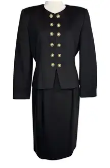 Vintage Oleg Cassini Black Blazer‎ Jacket Skirt Set 8 Office Suit Gold Button