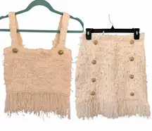 LOUISE JAMES XS Elegant Cream Top and Skirt Set Fringe Detail Tweed