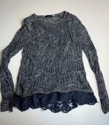 FYLO London Blue Knit Sweater with Lace‎ Trim Long Sleeve Pullover Top