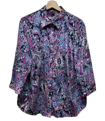 Lauren Ralph Lauren Womens Button Up Shirt 1X Paisley Floral Blue Pink Artsy