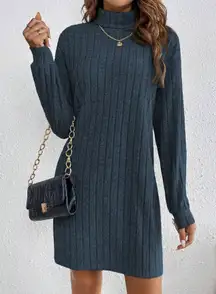 Navy Blue Striped Turtleneck Knit Dress