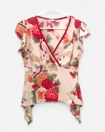 RARE Y2K Romantic Fairy Goth Asymmetrical Handkerchief Hem Shirt Top Blouse Floral Vintage V-Neck Short Sleeve Red Measurement in pics (has stretch)