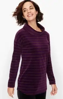 Talbots Luxe Velour Cowlneck Pullover Top Size Large Purple Candy Cane Stripe