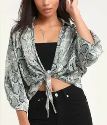 Lulus Delight Green Snake Print Satin Tie Front Top Small S Snakeskin Collared