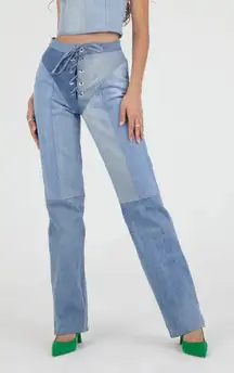 EB Denim Lace-Up Colorblock Jeans Reclaimed Cotton Medium Wash Large NWT