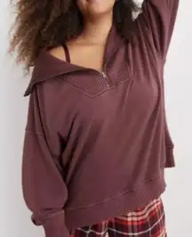 AERIE Down To Earth 1/4 Zip Oversized Sweatshirt Ribbed Wide Funnel Collar XS
