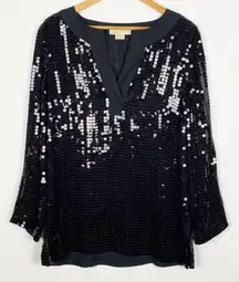 Black Sequin Tunic Top V Neck Long Sleeve Size Large