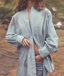 Free People Mari Stylish Blue Button-Up floral boho shirt dress S