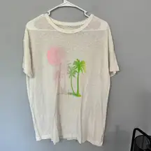 NWOT Aerie Linen Blend Tee Pink & Green Palm Tree Sunset Scene Top Size Small
