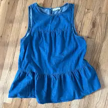 Beach lunch lounge denim tiered ruffle peplum sleeveless blouse medium