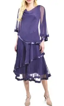 Komarov Chiffon Capelet Charmeuse Midi Dress Women's Small Purple 3/4 Sleeve