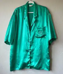 Vtg gold Label Victoria Secret green sleep shirt button up green satin pj slip