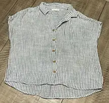 Beach Lunch Lounge Women Top Large White Gauze Cotton Blue Stripe Button Coastal