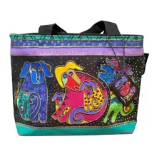 Laurel Burch Colorful Dogs Canvas Tote Bag Small Zip Top 12x9