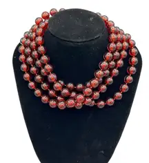 Vintage Red Glass Bead Necklace 53” Long Single Strand