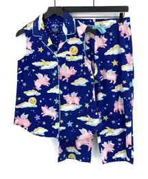 NICK & NORA Cotton Pajama Set Royal Blue When Pigs Fly S