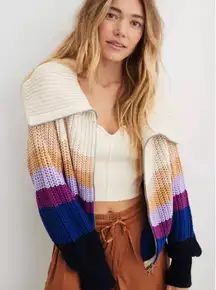 Aerie Sweater Womens Large Striped Knit Crop Collared Jacket Double Zip Cardigan
