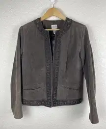 Chico's Suede Leather Jacket Womens Size 1 US Size 8 Meduim Brown Piping