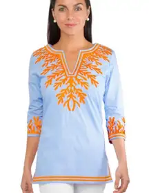 Gretchen Scott Tunic The Reef Embroidered Top Blue Sea Coral Stripe Medium *FLAW