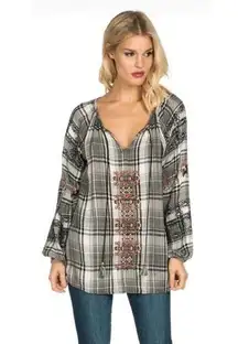 Size 1X Bohemian Embroidered Plaid Top